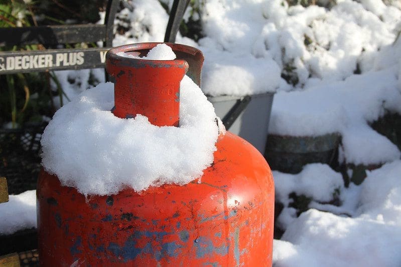 Gas Bottle covered in snow on the Shropshire Union