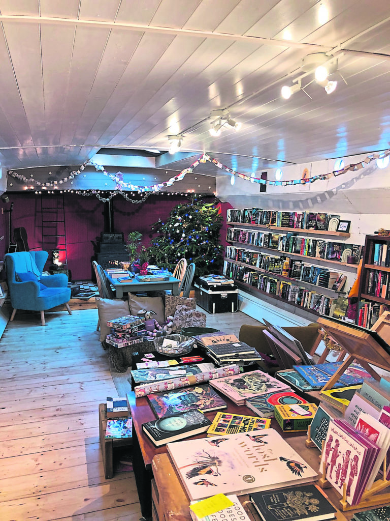 The cosy cabin at Hold Fast bookshop at Leeds Dock.
