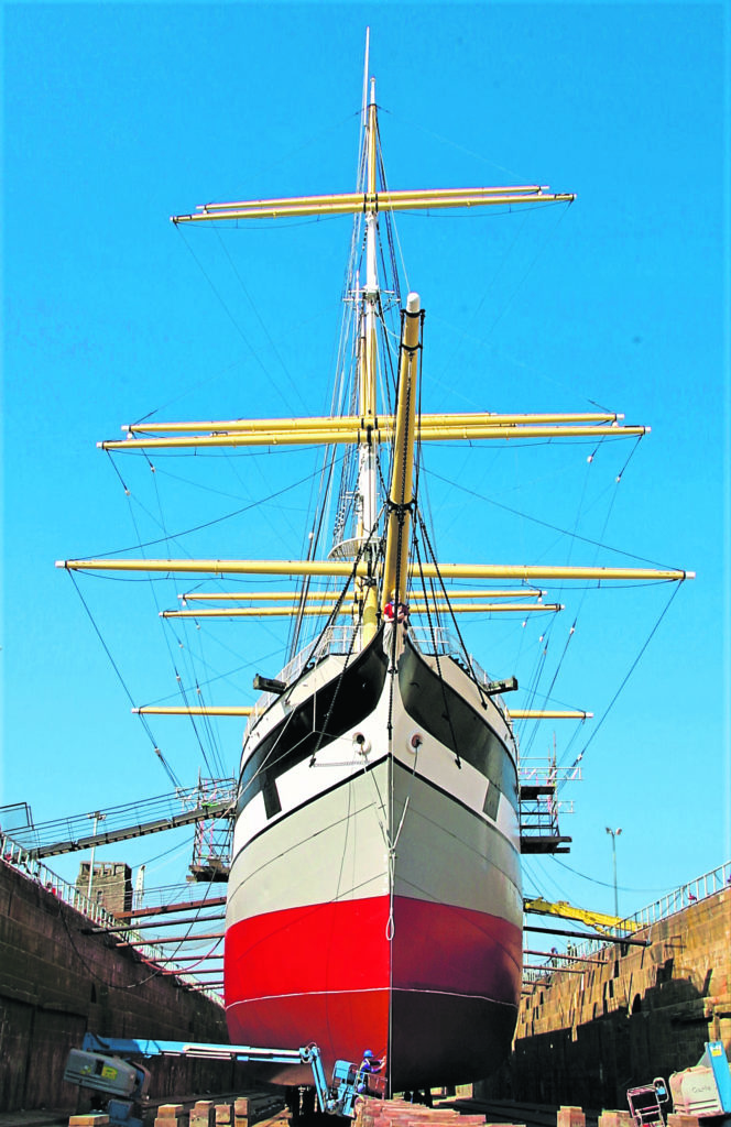 The sheer size of this late-built, steel-hulled sailing ship is evident in Garvel Dry Dock in 2010.