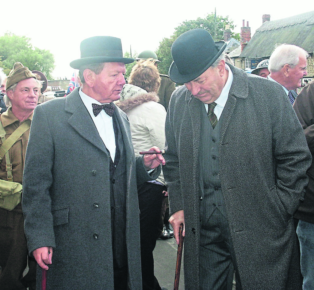 At the first Stoke Bruerne at War event in 2008. David Blagrove (with bowler hat) as Minister for Inland Waterways Transport, with former ‘gentleman’ working-boatman Ken Roseblade as Winston Churchill. David was very much a leading light in making this very successful event happen.