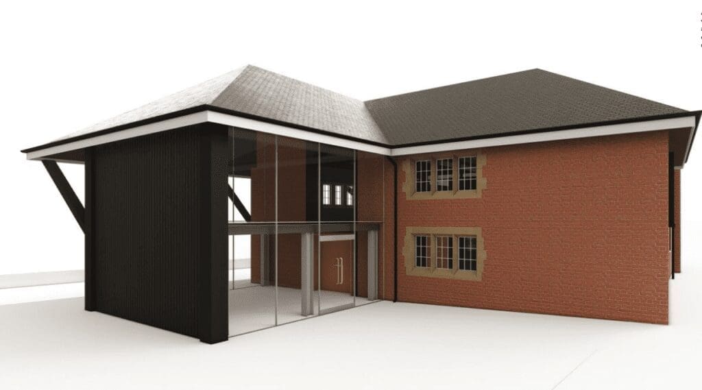 An image of the wharf building showing the enclosed canopy.  IMAGE: © POWYS COUNTY COUNCIL