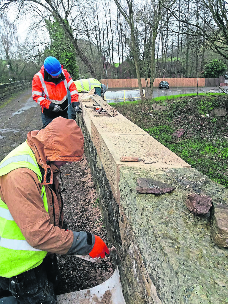 Right: Replacing coping stones on the bridge at Sawmills. PHOTOS: FCC