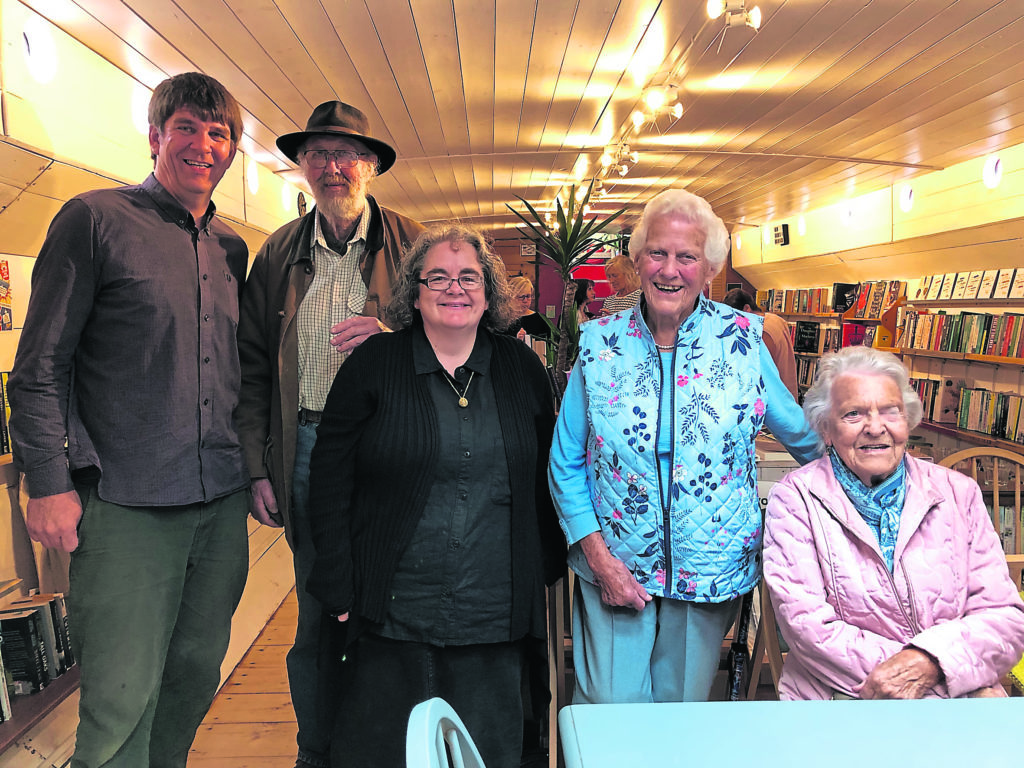 All together: Chris Bonner, Peter Claxton, Victoria Bonner, Sue Grafton and Ann Simpson pictured on board Marjorie R – now home to Hold Fast Bookshop.