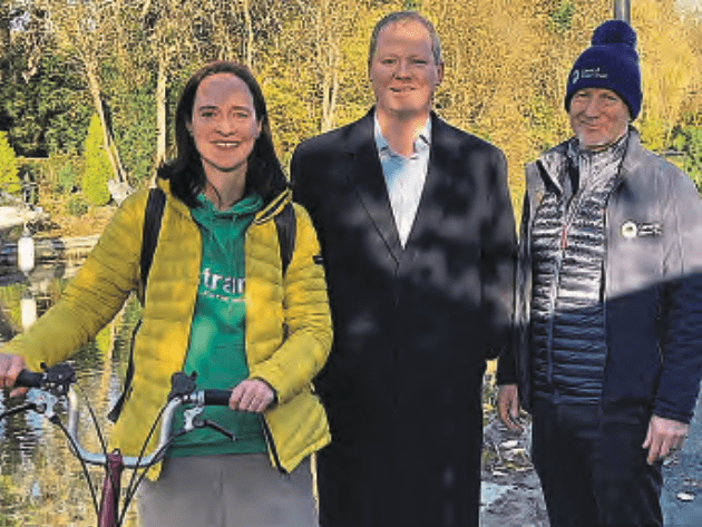 Clare Maltby of Sustrans, Neil O’Brien MP and Alan Leather, Canal & River Trust, on the improved towpath.