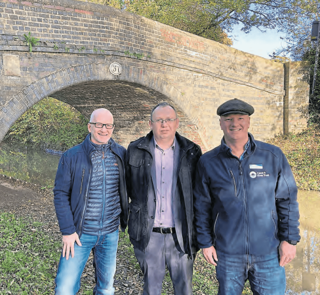 At the restored Wellsborough Bridge are, from left: Alan Leather, CRT partnerships and funding manager; Coun Stuart Bray, leader, Hinckley & Bosworth Borough Council and Richard Erwin-Jones, CRT enterprise manager. PHOTO: CRT
