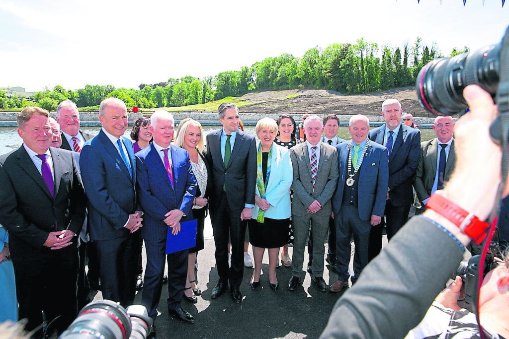 Ministers attending the launch, pictured with other invited guests: Waterways Ireland CEO John McDonagh with the Taoiseach, Simon Harris and Tánaiste Micheál Martin; Minister for Housing, Local Government & Heritage Darragh O’Brien; Minister For Rural & Community Development, Heather Humphreys; Minister for Nature, Heritage & Electoral Reform Malcolm Noonan; Minister For Infrastructure (NI) John O’ Dowd and Junior Minister in the Office of the Deputy First Minister (NI) Pam Cameron.