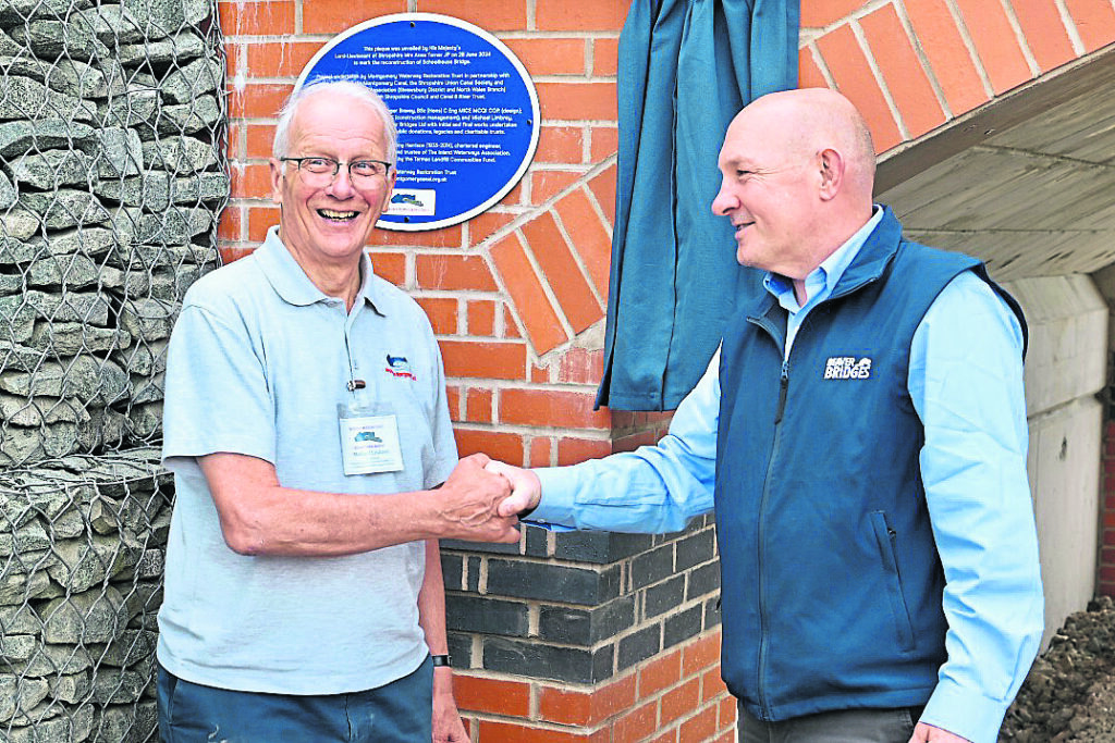 Michael Limbrey (left) and Richard Hinckley, sales director, Beaver Bridges, at the recent opening of the Schoolhouse Bridge. PHOTO: PHIL PICKIN