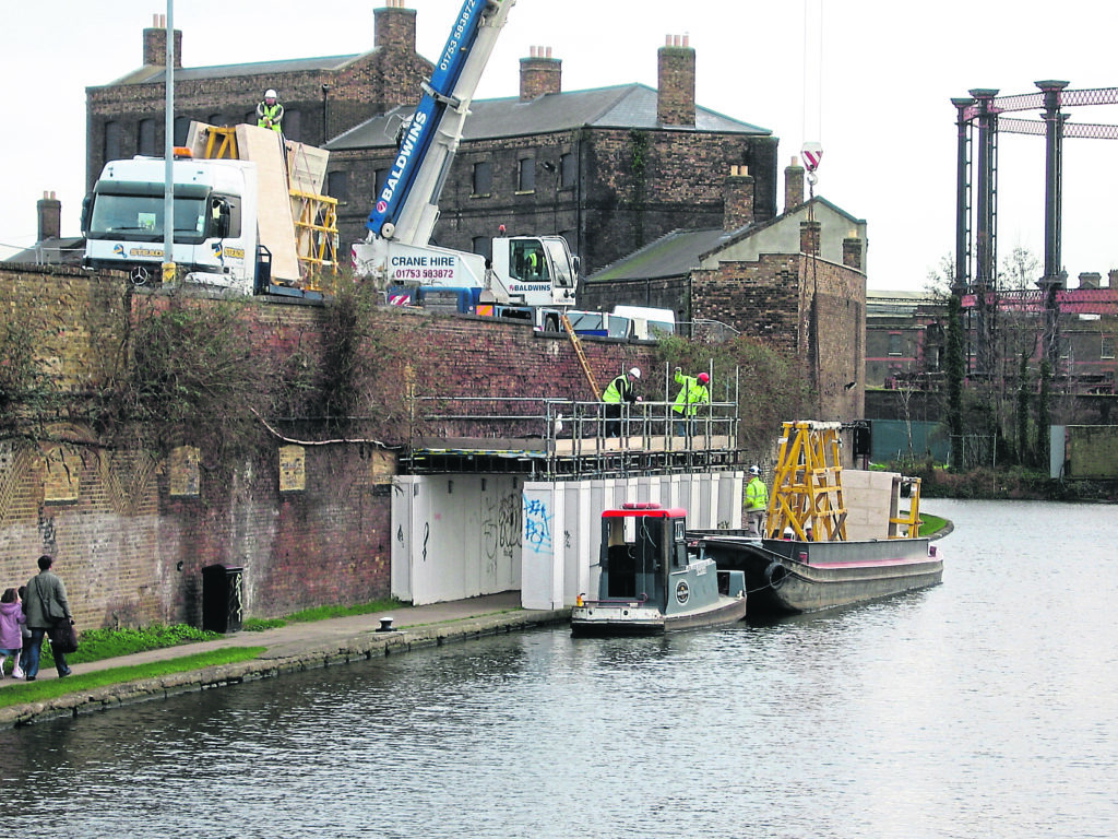 Loading cladding panels for Kings Place construction site at King’s Cross on the Regent’s Canal.