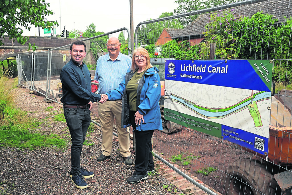 Carole Mills, chair of Lichfield and Hatherton Canals Restoration Trust, with Lichfield District Council cabinet members Coun Alex Farrell (left) and Coun Richard Cox at Gallows Reach.