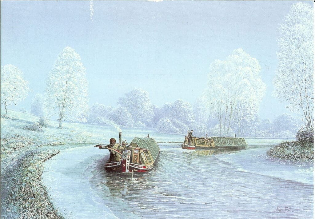 Hoar Frost – Grand Union: A typical canal winter scene of which there are many by Alan. Here, a pair of loaded Samuel Barlow boats are heading south down the Grand Union, the motor steered by the husband and the butty by the wife, who is wearing something like traditional boatwoman clothes. No other crew is apparent. The tree on the left looks very similar to one of those outside Alan’s studio window. PHOTO: ALAN FIRTH ESTATE.