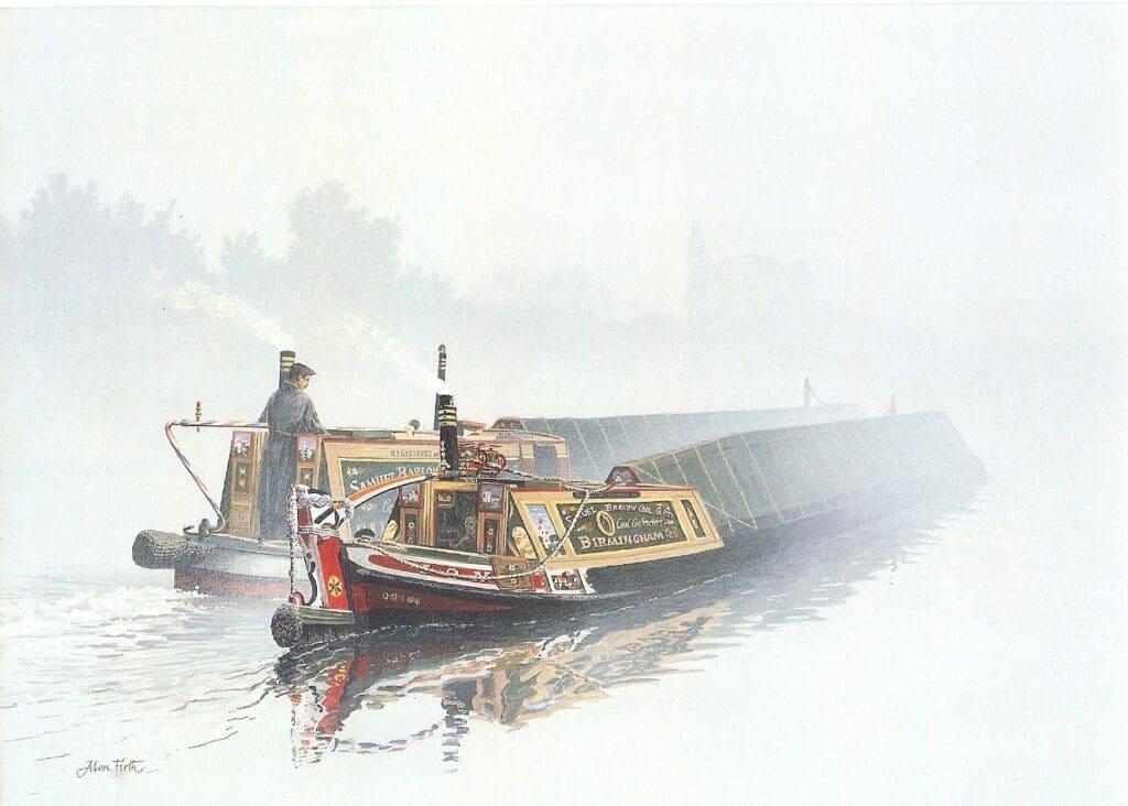 Out of the Mist – Grand Union: This painting and associated with it, Into the Mist, also seen here, were typical of the artistic liberties Alan took. The paintings were inspired when he was on the Grand Union Canal one very misty morning in the 1960s. Suddenly, the working boatmen Whitlock family came out of the mist, breasted up as seen here, and then went past and back into the mist. For artistic effect, Alan has the loaded boats running down the open canal breasted up, which the working boatmen would never have done when loaded. They would have had the boats out on a long snubber (line), as in the Hoar Frost painting. When returning empty in the 1960s, the boats might occasionally have breasted up in the long pounds, so meals could be shared and passed across. Also, there would be no need for a second steerer, who could do other things. Alan also has the boats in Barlow’s livery, which had long-gone by the time he saw this scene. However, both paintings remain immensely popular, and Out of the Mist was Terry Stroud’s best seller as a framed print. PHOTO: ALAN FIRTH ESTATE.