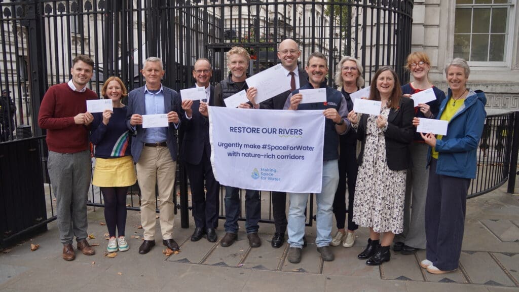 Some of the Making Space For Water campaigners at Downing Street: Oli Ratcliffe, Jess Chappell, Richard Allan, Graham Thomas, Al Humphreys, Lloyd Hatton, Ben Andrews, Abigail Bunker and Jess Buckely.