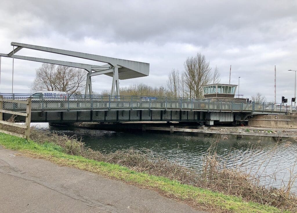 The A379 bridges at Exeter, showing swing bridge in the foreground and the superstructure of bascule bridge visible behind. Photo: Sandy Wright