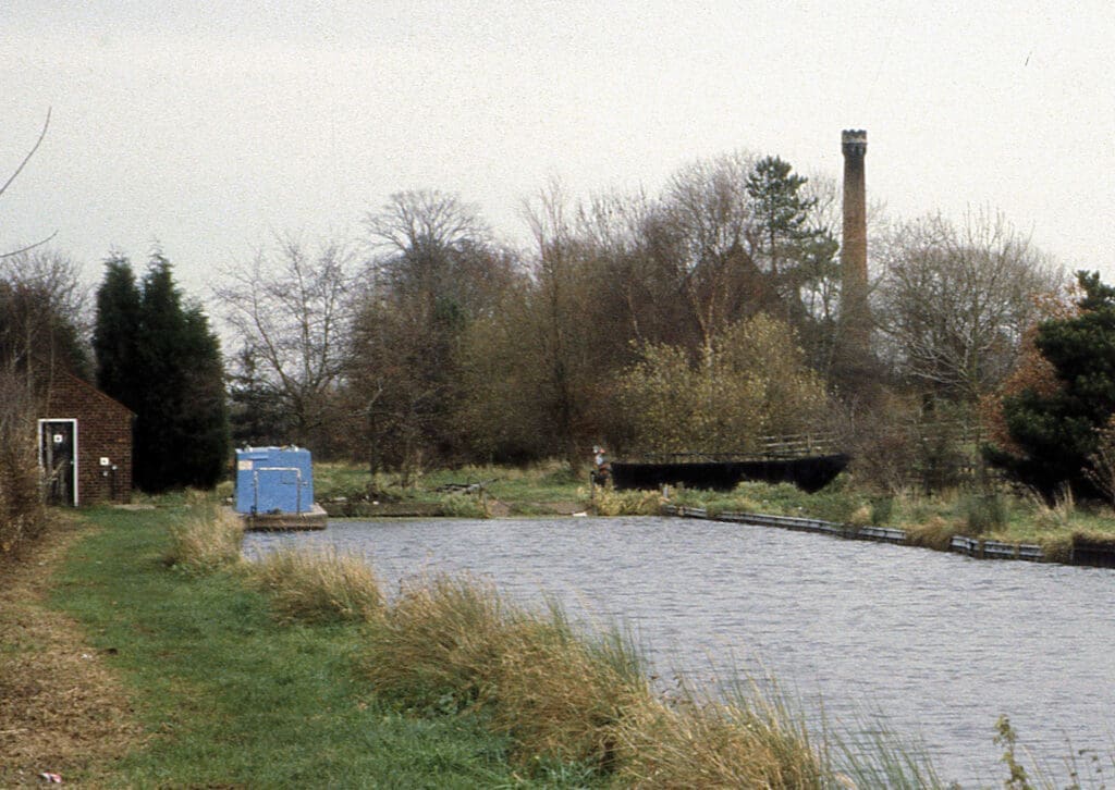 Snarestone Terminus 1990. The Chimney belongs to the impressive Snarestone Pumphouse, is in private ownership, and now obscured by trees.